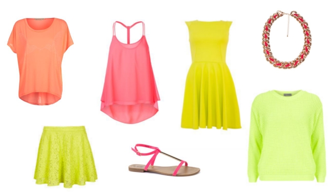 Neon, Orange Top, New Look, Pink Camisole, Lime Lace Skirt, Topshop, Pink Flats, Chain Necklace, Lime Green Jumper, Neon Dress